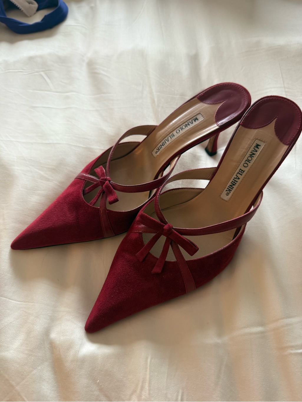 Manolo Blahnik Burgundy Pointed Suede Bow Mule Heels